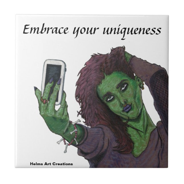Goblin Girl Phone Selfie Fantasy Art Azulejo Cerâm (Frente)