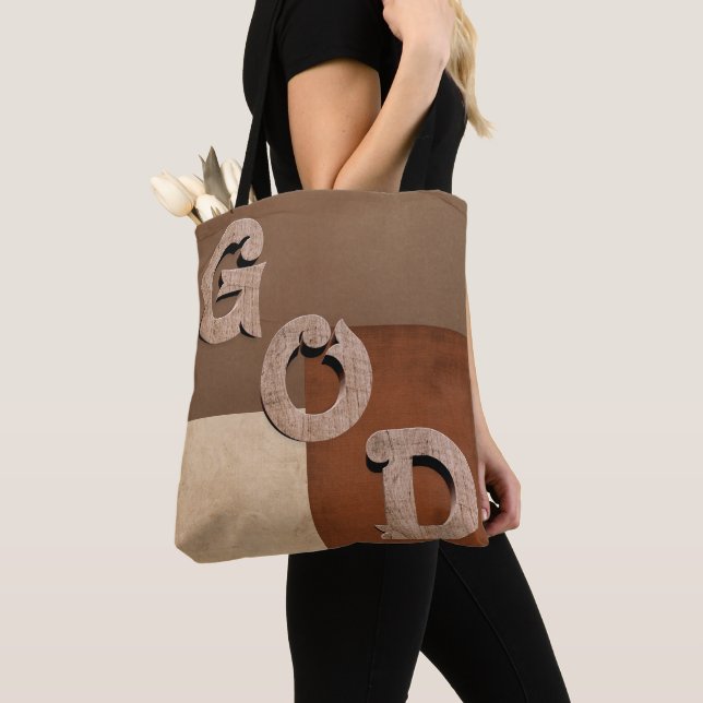 "GOD" bold statement Beige & Brown Shoulder Tote (Close Up)