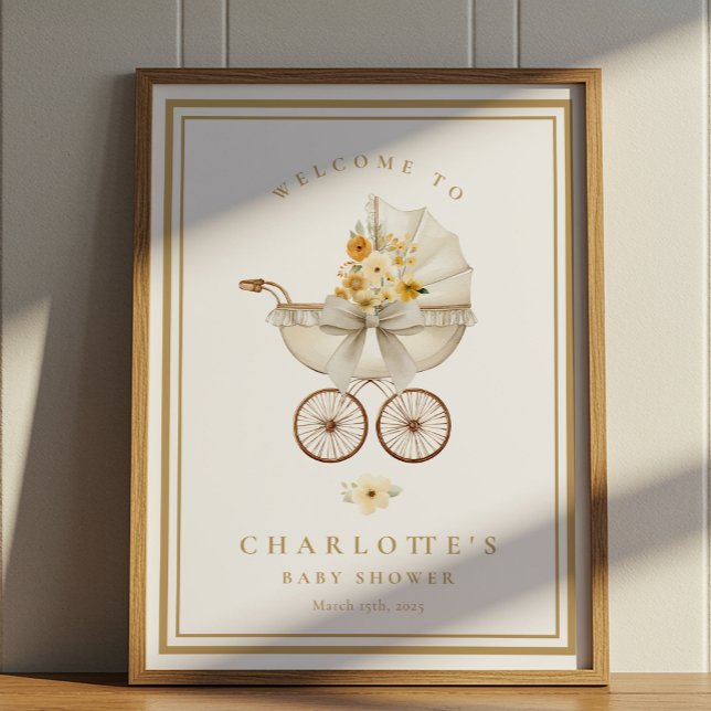 Gold Baby Shower Welcome Poster | Vintage Pram (Welcome Sign - frame not included)