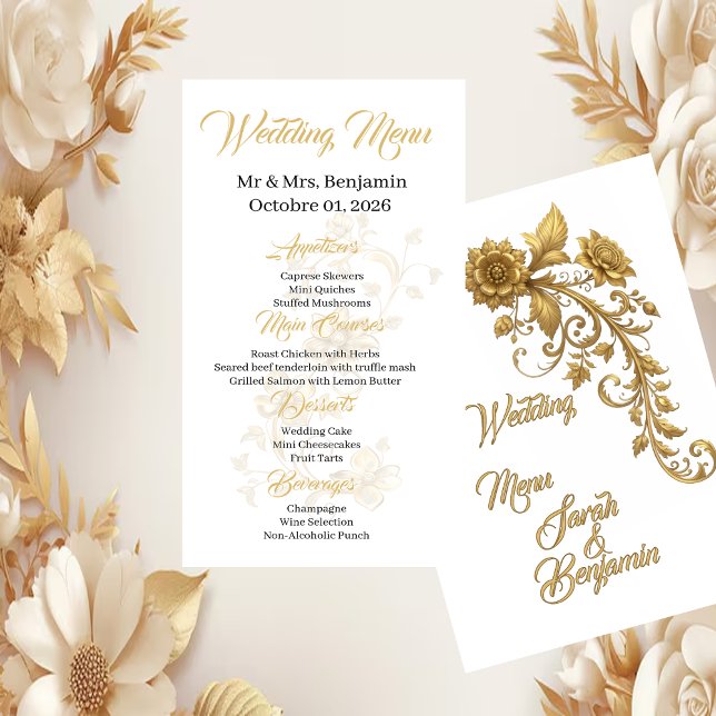 Gold Baroque Floral Script | Elegant Wedding Menu (Criador carregado)