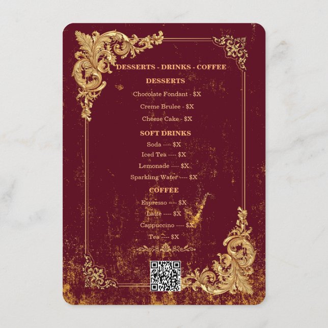 Gold Bordeaux Editable Menu with QR Code (Verso)