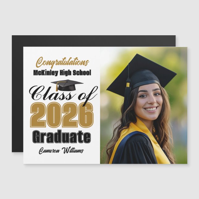 Gold Class of 2026 Graduation Photo Magnet Card (Frente/Verso)