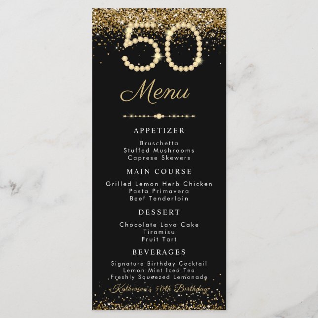 Gold Diamonds 50th Birthday Dinner Flat Menu (Frente)