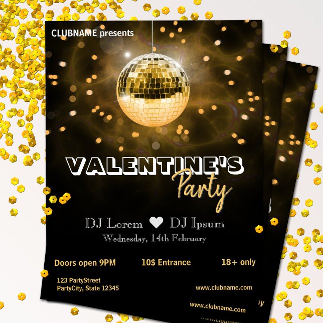 Gold Disco Ball Valentine's Day Party Flyer (Criador carregado)