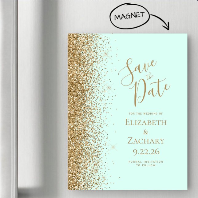 Gold Glitter Mint Green Magnetic Save the Date (Criador carregado)