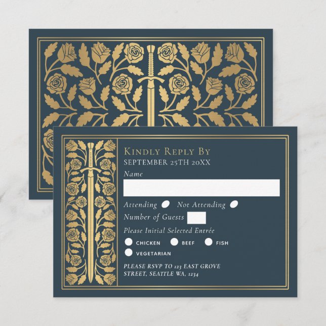 Gold Gray Medieval Sword Wedding RSVP (Frente/Verso)
