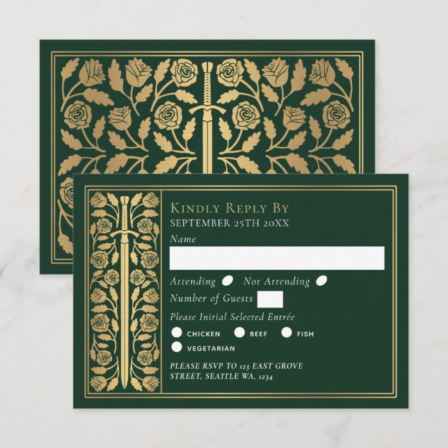 Gold Green Medieval Sword Wedding RSVP (Frente/Verso)