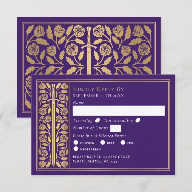 Gold Purple Medieval Sword Wedding RSVP (Frente/Verso)