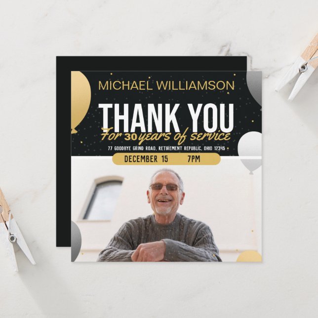 Golden Balloon Retirement Party Photo Invitation (Frente/Verso In Situ)
