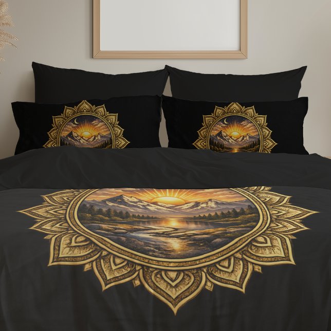 Golden Boho Mandala Mountain Sunset Art | Black (Criador carregado)