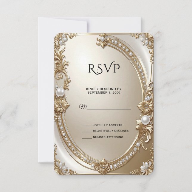 Golden Ornate Frame with Pearls RSVP Card (Frente)
