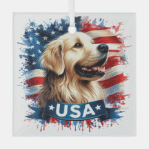 Golden Retriever Patriotic Glass Ornament