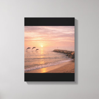 Golden Sunset Dolphins Beach Canvas Wall Art | Coa