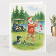 Goleiro Papai Noel Jogando Golfe no Cartão do Lago