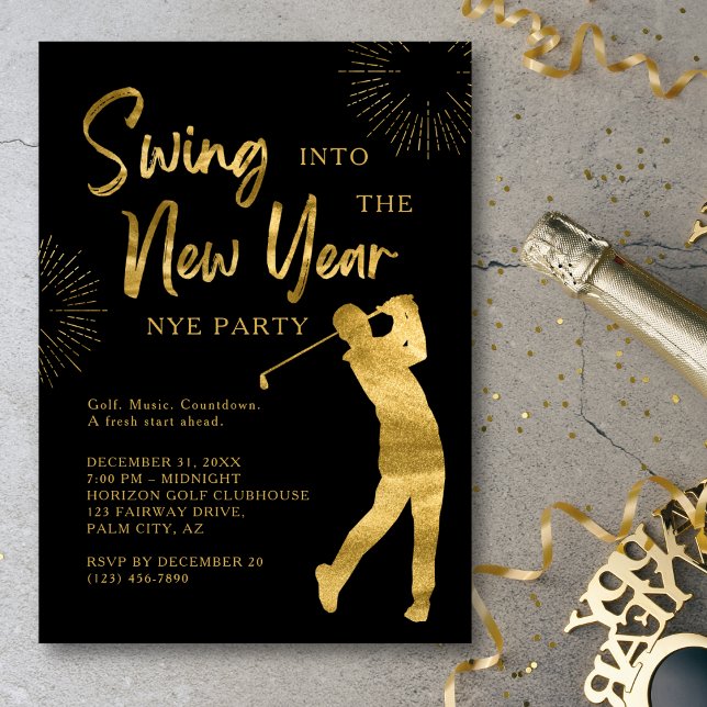 Golf New Years Eve Party Golf Theme Black and Gold (Stylish NYE invite for golf-themed parties.)