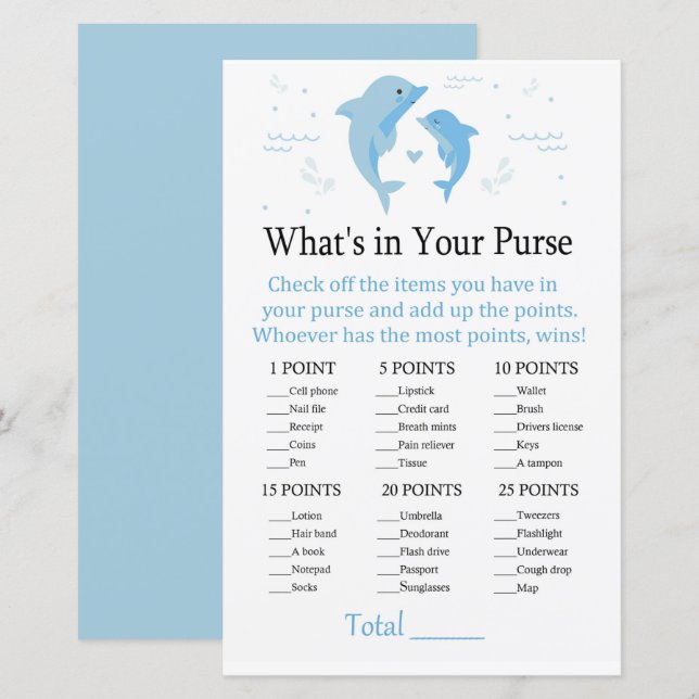 Golfinho Azul O que há no seu jogo de bolsa (Frente/Verso)