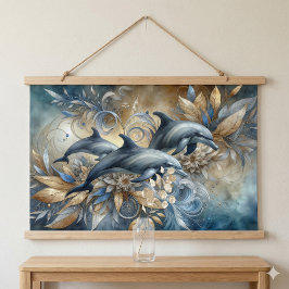 Golfinhos Elegantes com Ondas Florais Douradas