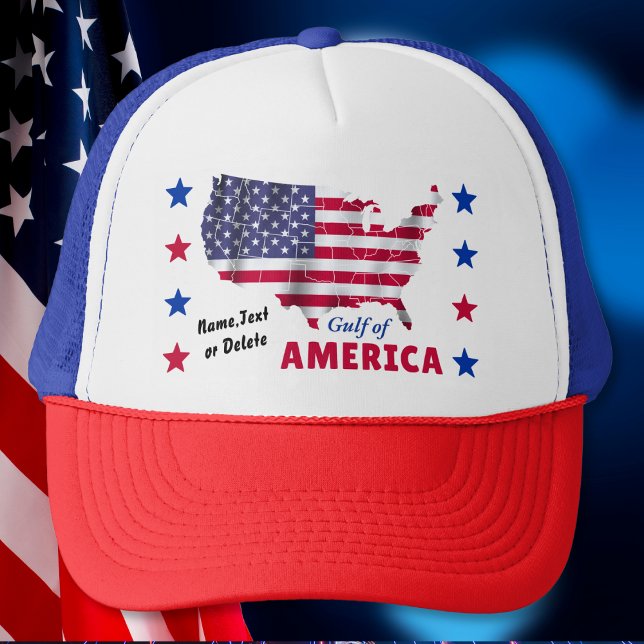 Golfo da América. Bonés de Bandeira Americana, (Gulf of America, Personalized Trucker Cap. Patriotic Truck Hats. Gulf of America, USA Shaped Flag.)
