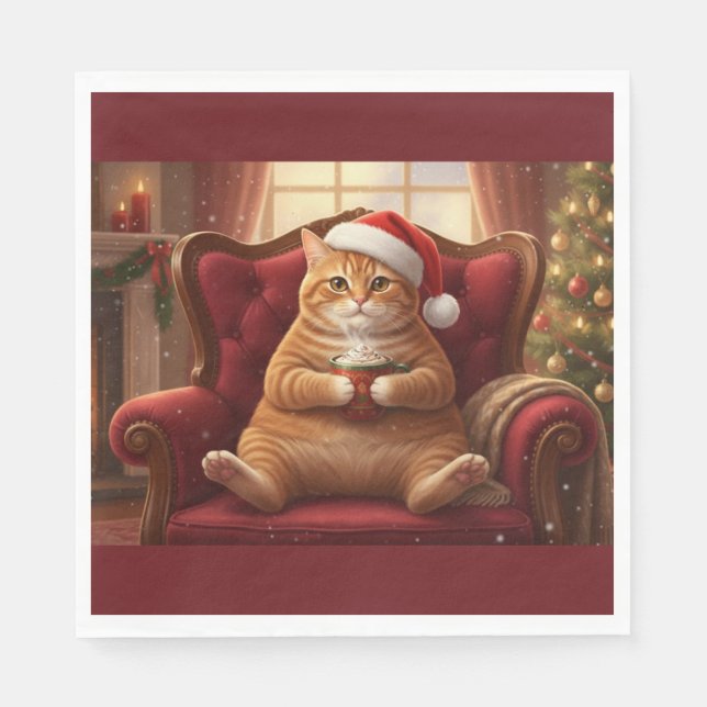 Gordos guardanapos de Natal do gato de Santa com c (Frente)