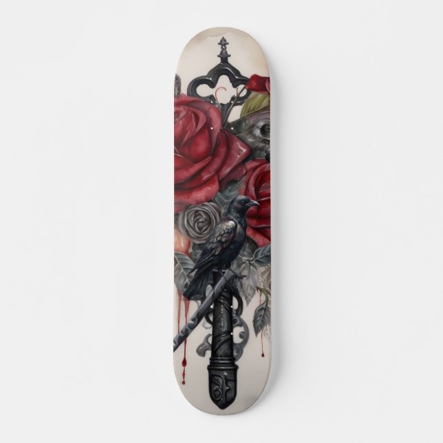 Gothic Raven & Roses Skateboard  (Frente)