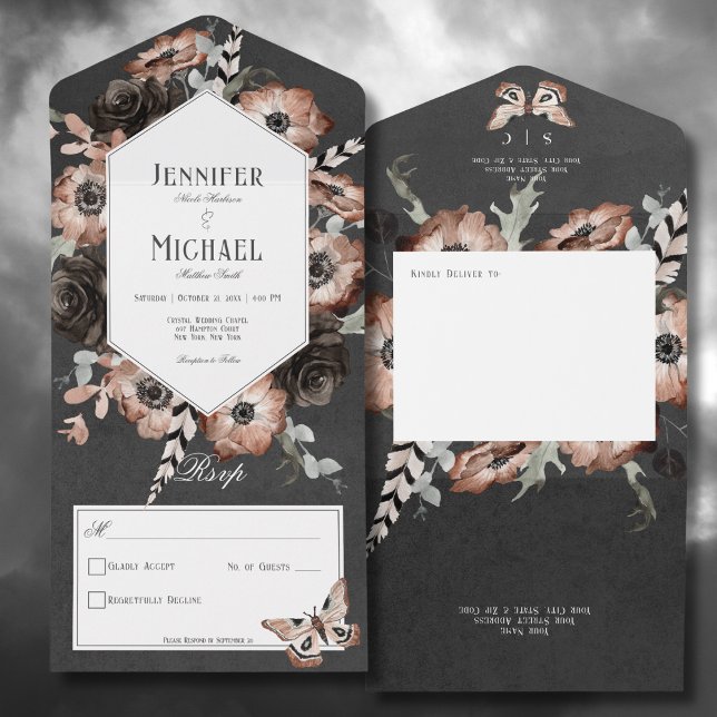 Gótica Boho Moth Black & Brown Floral No Janta (Gothic Boho Moth Black & Brown Floral All In One Wedding Invitation without Dinner Options)