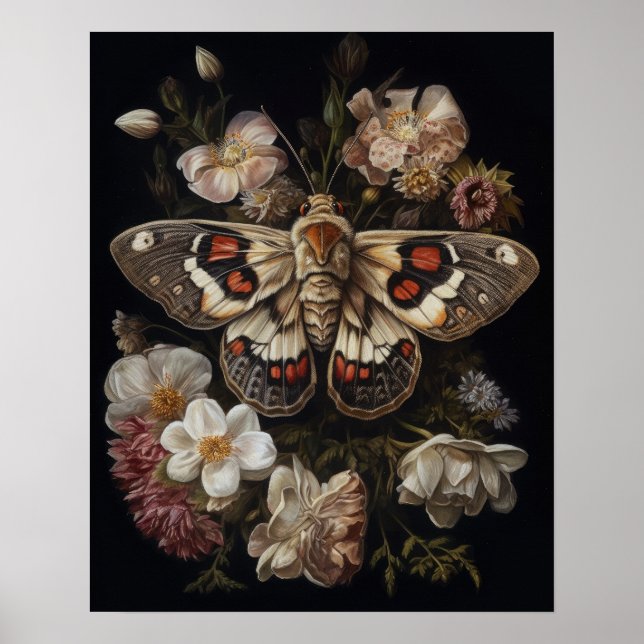 Gótica Moth and Flowers Art Impressão (Frente)