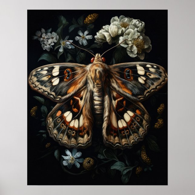 Gótica Moth and Flowers Art Impressão (Frente)