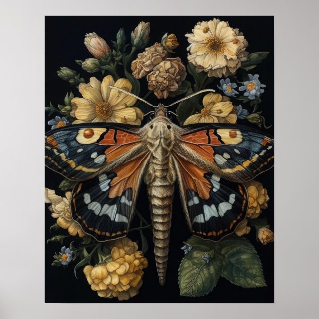 Gótica Moth and Flowers Art Impressão (Frente)