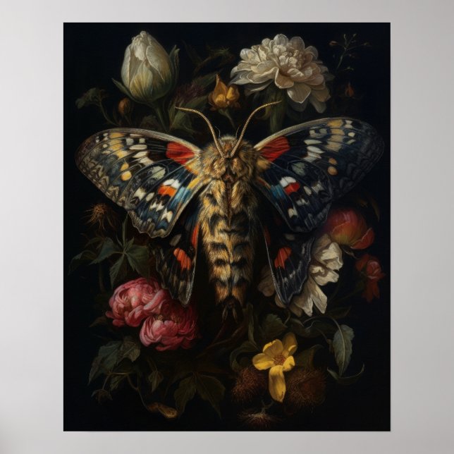 Gótica Moth and Flowers Art Impressão (Frente)