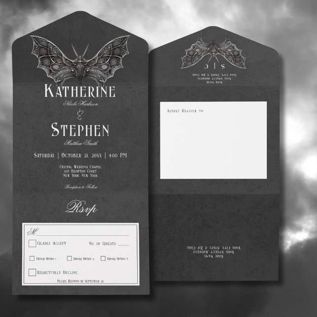 Gótica Moth Preto e Branco Sem Janto (Gothic Moth Moody Black & White All In One Wedding Invitation without Dinner Options)