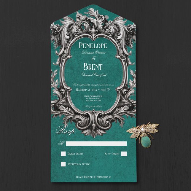Gótica Teal Moody Victorian Frame No Janto (Gothic Teal Moody Victorian Frame No Dinner All In One Invitation)