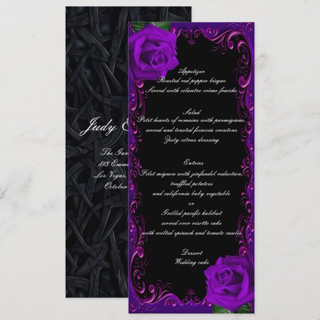 Gótico Elegante Rosas Roxos Menu Casamento (Frente/Verso)