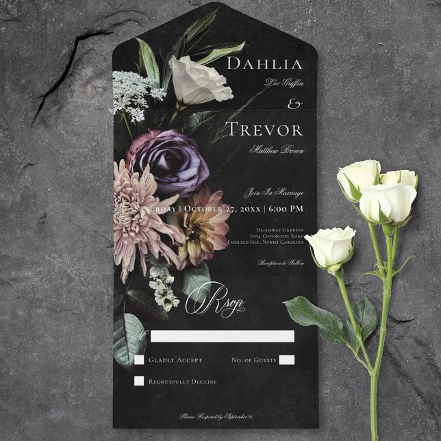 Gótico Escuro Misterioso Floral Sem Janto (Dark Gothic Mysterious Muted Floral No Dinner All In One Invitation)