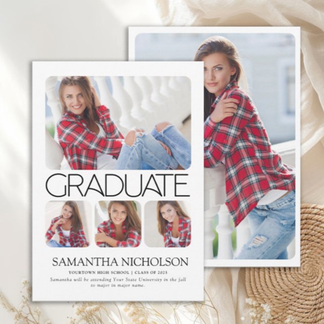 Graduação de 5 Fotos Moderna Sleek (Modern white 5-photo graduation announcement)