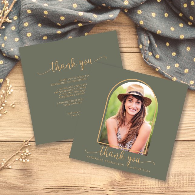 Graduação de Foto em Arco Dourado Verde Sage Obrig (Sage Green Gold Arch Photo Graduation Thank You Card)