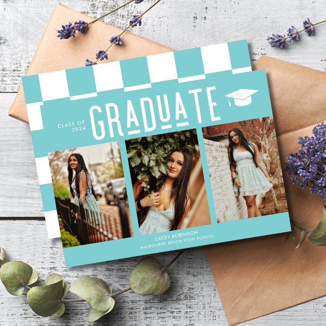 Graduação de Fotografias do Checkerboard 3 Teal do (Graduate Teal Checkerboard 3 Photo Graduation Announcement)