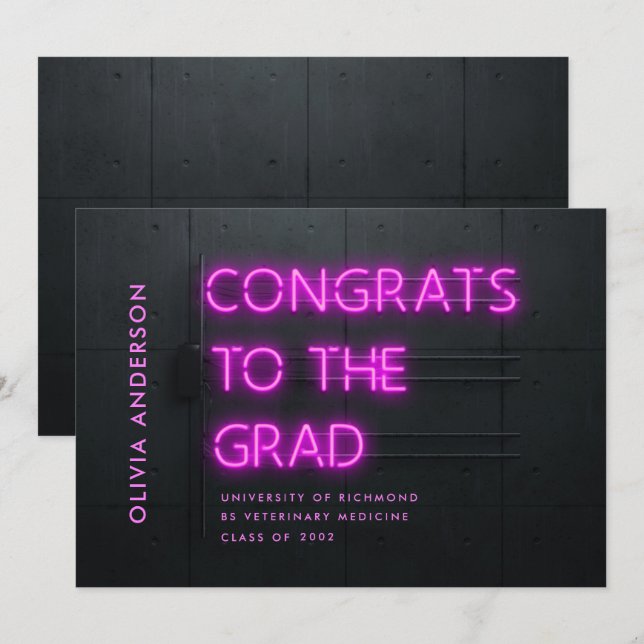 Graduação neon rosa brilhante moderno parabéns (Frente/Verso)