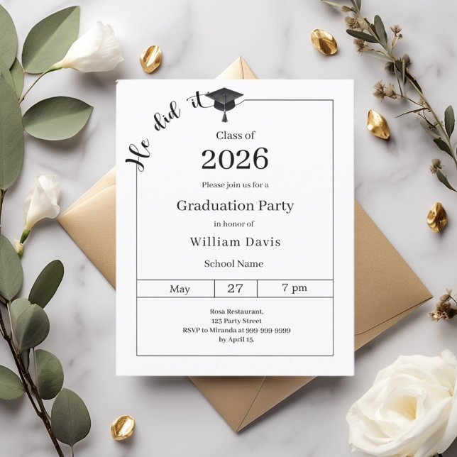 Graduation party black white He did it invitation (Criador carregado)