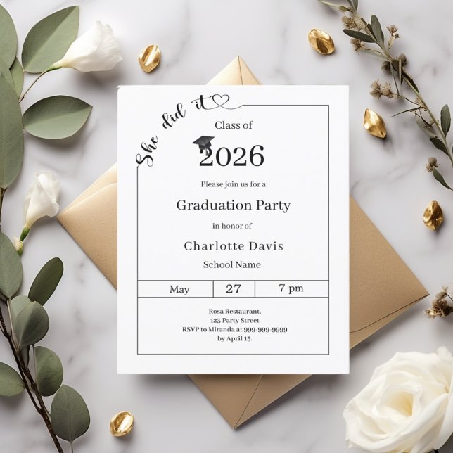 Graduation party black white She did it invitation (Criador carregado)