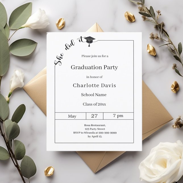 Graduation party black white She did it invitation (Criador carregado)