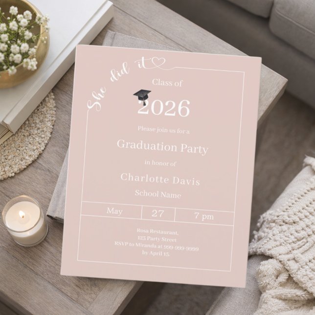 Graduation party blush pink She did it invitation (Criador carregado)