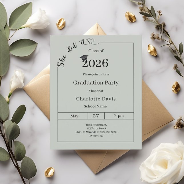 Graduation party Sage Green She did it invitation (Criador carregado)