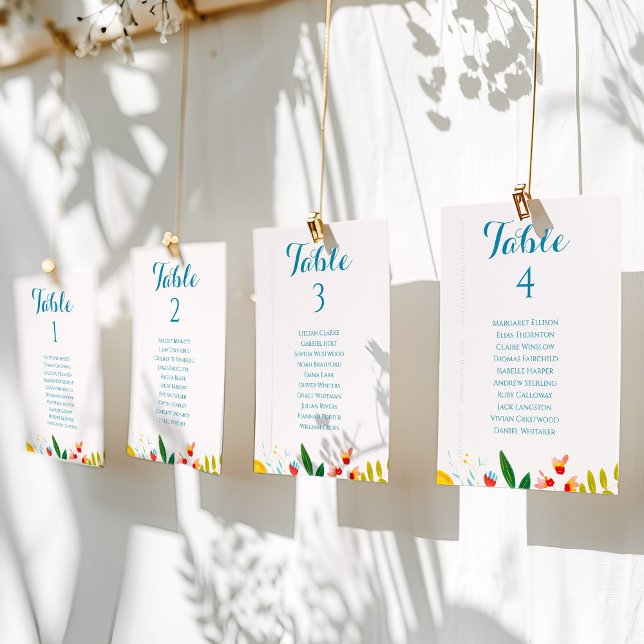 Gráfico Colorido de Mesas de Casamentos de Flores  (Colorful Floral Wedding Table Seating Chart Cards)