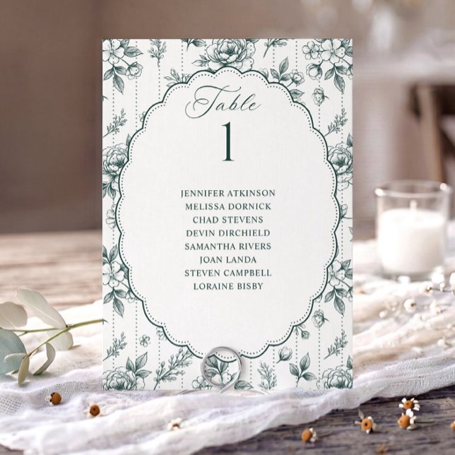 Gráfico de Assentos de Casamento Floral Esmeralda  (Emerald green French floral wedding seating chart card with oval scalloped frame.)