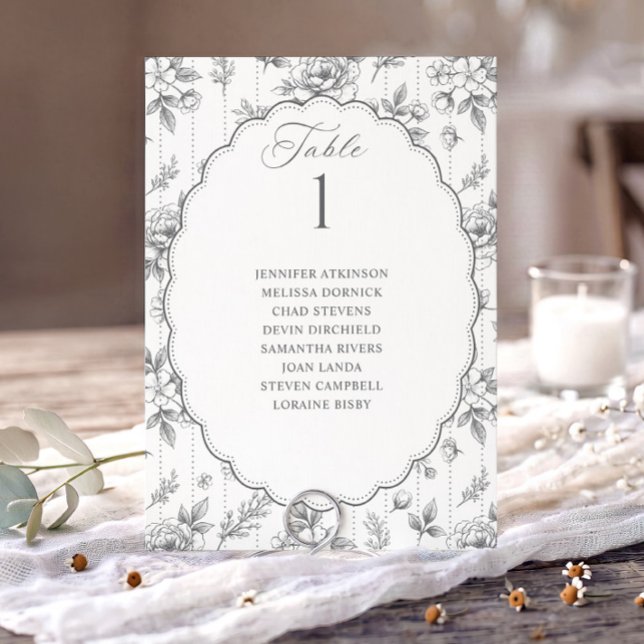 Gráfico de Assentos de Casamento Floral Prata Vint (Silver gray French floral wedding seating chart card with oval scalloped frame.)