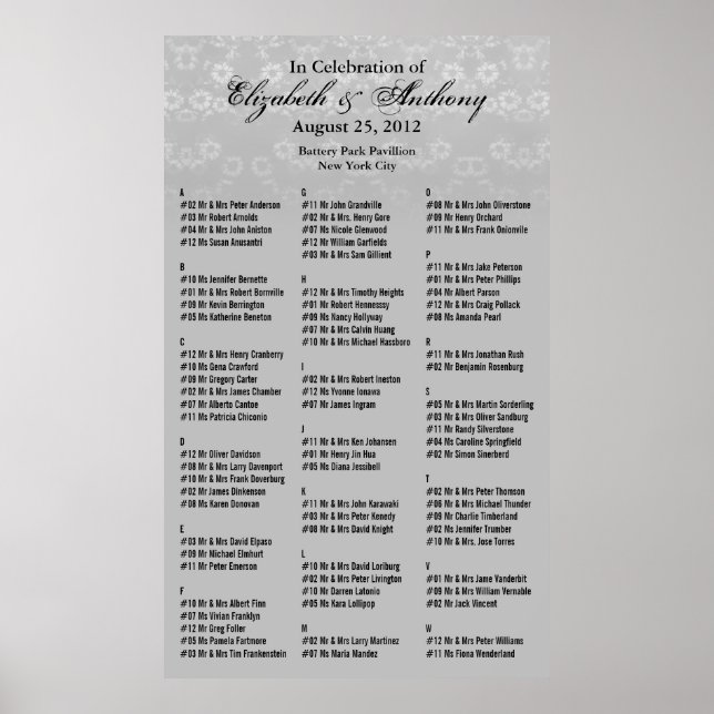 Gráfico de Assentos de Casamento Poster Branco Flo (Frente)