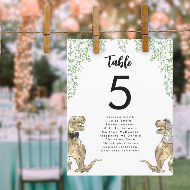 Gráfico de Assentos de Mesa de Casamento Temático  (Dinosaur themed wedding T-Rex bride and groom with jungle foliage table seating chart)