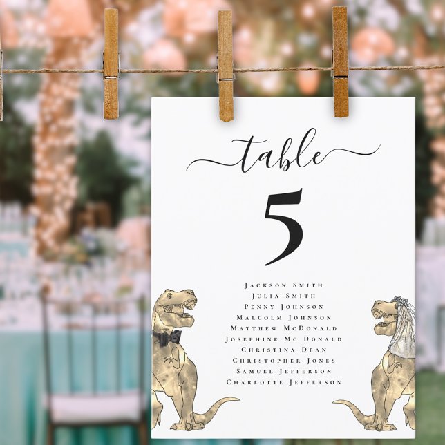 Gráfico de Assentos de Mesa de Casamento Temático  (Dinosaur theme wedding seating chart Funny T-Rex dino bride and groom elegant modern script )
