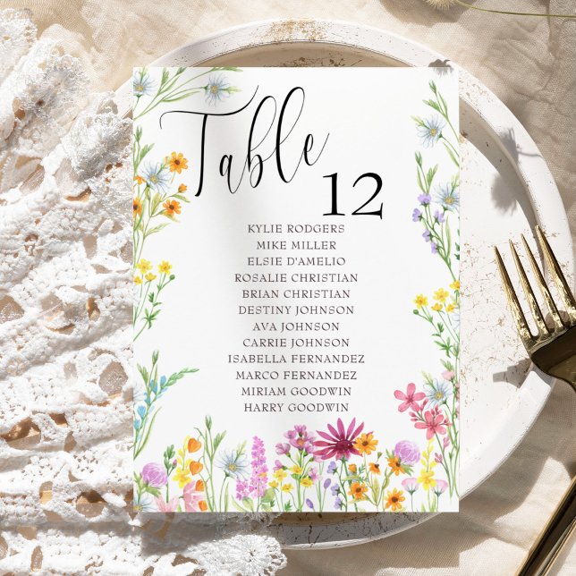 Gráfico de Assentos para Casamento de Flores Silve (Wildflower place card with table number and guest names)