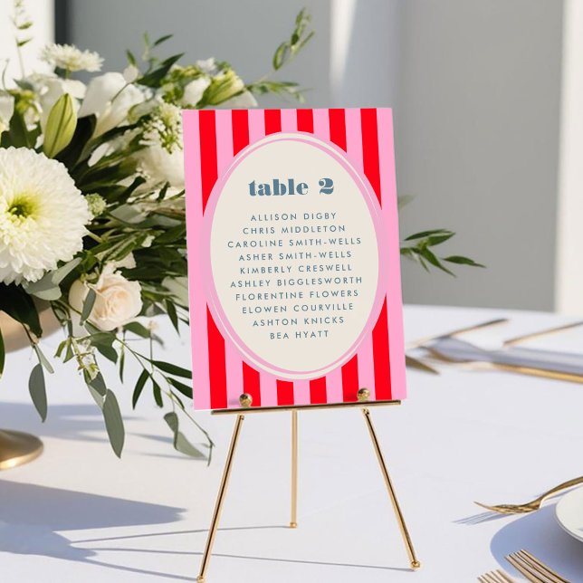 Gráfico de Mesa Brilhante, Cinzento Vermelho, Cor- (Pink Red Stripe Bold Bright Table Number Seating Chart Card)
